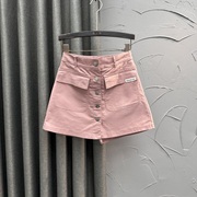 粉色减龄牛仔短裤裙女夏天假两件小个子辣妹单排扣A字阔腿裤