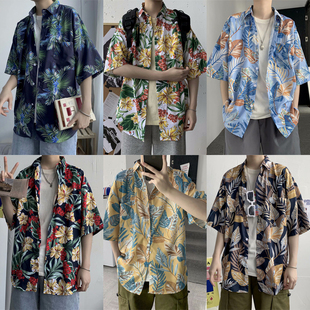 夏威夷短袖花衬衫男女夏季薄款宽松潮流休闲五分袖沙滩度假花衬衣
