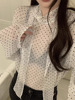 韩国chic春季气质立领系带波点衬衫女宽松微透薄款雪纺衫上衣