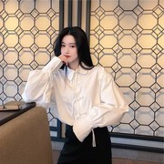 2023春款中式女装Polo领盘扣衬衫韩版设计感宫廷宽松百搭长袖上衣