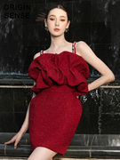 超细吊带假两件抹胸性感包臀超短粗纺酒红色褶皱装饰设计小礼服裙