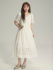 摩妮卡大码女装小白裙子，2023秋装胖mm显瘦白色蕾丝短袖连衣裙