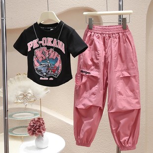 女童夏季套装，2024小女孩夏装工装裤韩系童装，儿童洋气运动套装