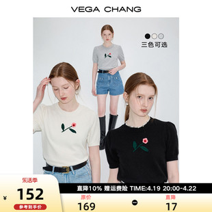 VEGA CHANG毛针织衫女2024年夏季设计感宽松立体钩花短袖T恤