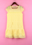 95lsqq407品牌折扣女装夏季休闲套头圆领，短袖黄色修身连衣裙