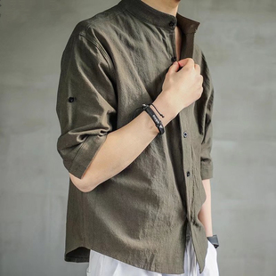七分袖衬衫男夏季韩版潮流，立领帅气亚麻短袖，衬衣中袖棉麻寸衫男士