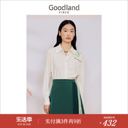 goodland美地女装2023秋季简约ol风衬衫，复古polo领绣花上衣