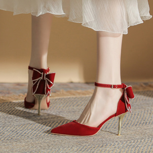 红色婚鞋2024年春季法式蝴蝶结高跟鞋一字，扣带尖头单鞋女细跟