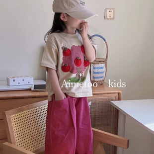 韩国童装2024夏季女童杏色，卡通纯棉短袖t恤儿童玫红色宽松直筒裤