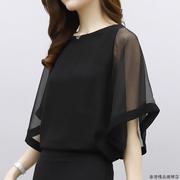 雪纺衫女短袖2023夏季韩版宽松洋派，黑色时尚网纱半袖显瘦上衣
