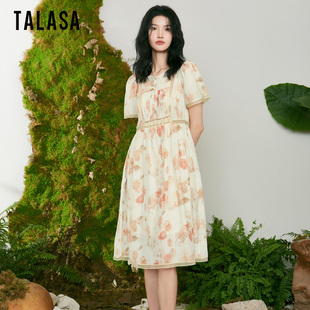 TALASA商场同款丝棉印花连衣裙2024年夏收腰蕾丝减龄及膝长裙