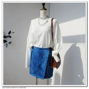 原创设计蓝色牛仔腰封裙低腰包臀围裙罩裙一片式系带短裙半身裙叠