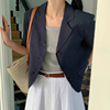 韩国chic夏季复古高级感西装，领单排扣宽松百搭短袖纯色西服外套女