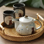 日本进口九谷烧陶瓷茶壶茶杯，情侣猫咪复古茶具，礼盒日式水杯泡茶壶