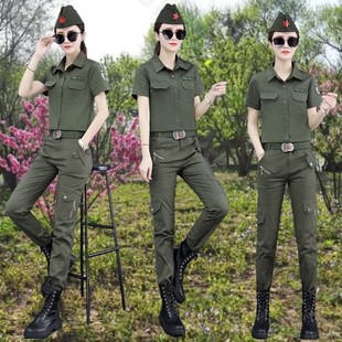 户外夏季短袖衬衣套装女2022夏装军绿色，水兵舞休闲衬衫长裤两件套