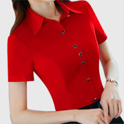 红色衬衫女2024夏季韩版短袖时尚气质修身收腰工作服职业衬衣