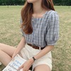 韩范chic泡泡袖格子衬衫女夏季2024小清新露锁骨方领上衣小衫