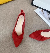 平底女鞋2024春法式尖头，浅口鞋子大码单鞋，红色婚鞋黑色上班鞋