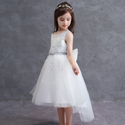 白色儿童婚纱礼服公主裙春款童装，2023复古欧美无袖高腰蓬蓬连衣裙
