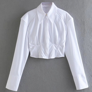 欧美风短款长袖白色衬衫露腰高腰微收腰拼线条拼接休闲女衬衣