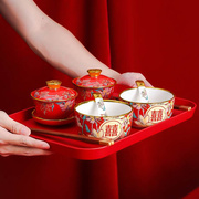结婚敬茶杯子碗筷套装礼盒，改口陪嫁红色，茶具敬酒喜碗一对婚庆用品