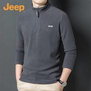 jeep吉普长袖t恤男士秋冬季潮牌抓绒半高领冬装，加绒加厚款打底衫