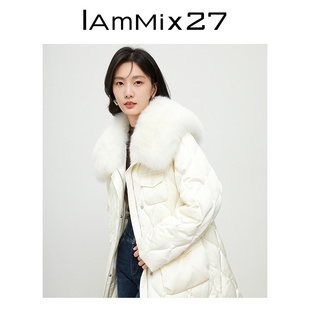 IAmMIX27冬季白色大毛领羽绒服女宽松中长款加厚保暖狐狸毛领外套