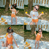 韩国儿童泳衣橘色格子连体，2023夏季女童，小公主女宝宝游泳衣