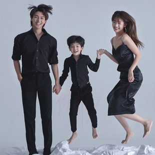 2022影楼亲子主题服装，一家三口全家福黑色韩式拍照礼服套装夏