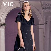 VJC/威杰思春夏女装黑色V领短袖小礼裙珍珠高腰连衣裙