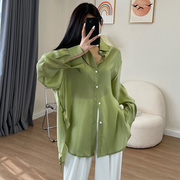 绿色天丝衬衫女夏季设计感小众，薄款长袖宽松大码雪纺防晒上衣外套