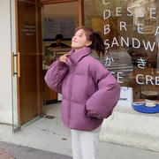 紫色羽绒棉服女短款冬季面包，服韩版宽松小个子，加厚棉袄外套潮