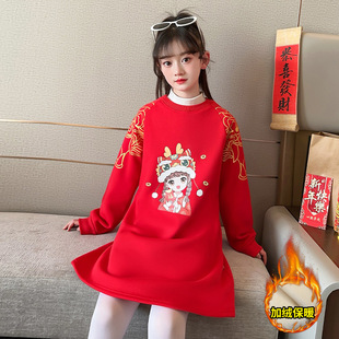 女童新年连衣裙加绒秋冬装，中国风红色裙子，本命年儿童拜年衣服
