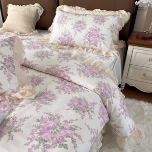 法式浪漫碎花纯棉，床上四件套全棉田园公主风蕾丝，荷叶花边被套玫瑰