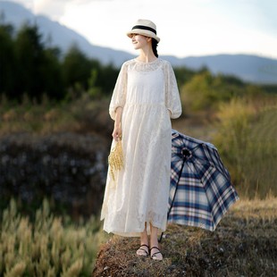 夏季文艺复古森林系连衣裙白色圆领七分灯笼袖宽松显瘦长裙女