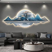 客厅装饰画山水画沙发，挂画大气led灯，发光2022年大厅背景墙画