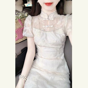 新中式国风女装改良旗袍白色连衣裙女夏季高级感修身显瘦长裙子