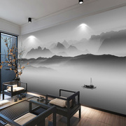 中式水墨电视背景墙壁纸黑白意境，山水画墙纸客厅沙发酒店无缝墙布