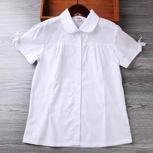 女童白衬衫儿童校服夏装，短袖纯棉白色，衬衣小学生蝴蝶结袖子学院风