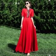 红色连衣裙夏季女长款显瘦大摆裙雪纺长裙海边度假沙滩裙飘带