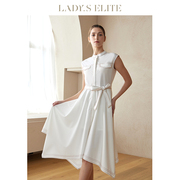 LadySElite/慕裁 白色无袖连衣裙女系带中长款通勤显瘦裙子