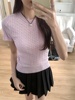 韩系小众设计感麻花纹粉紫色针织短袖T恤女2024圆领正肩上衣