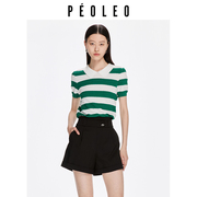 飘蕾polo领针织衫女2024夏季撞色条纹镂空气质，短袖短袖上衣女