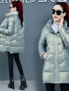 亮面羽绒棉服女秋冬洋气保暖棉衣中长款韩版大码白色立领外套