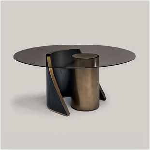 shake意式极简玻璃圆餐桌客厅，轻奢不锈钢金属木纹，设计餐台饭桌子