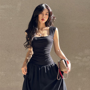 GirlsAt18 纯欲宽肩带雪纺吊带连衣裙女性感气质优雅黑色显瘦裙子