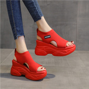 坡跟凉鞋女厚底增高8cm小个子，红色休闲鞋夏季网面松糕鱼嘴老爹鞋