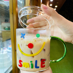 玻璃杯大容量牛奶杯水杯学生办公室印花高硼硅玻璃卡通smile700ml