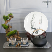 新中式创意茶具饰品组合摆件铁艺茶壶水晶玻璃长茶盘茶盘摆台饰品