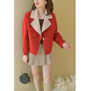 时尚大翻领红色双面毛呢大衣女秋冬高级感短款廓形羊驼毛呢子外套